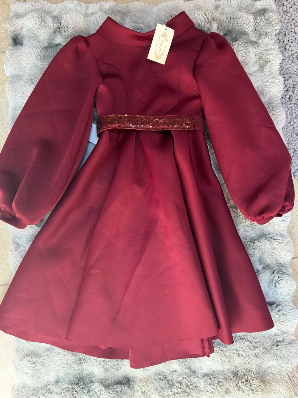 Joyfolie Wine Red Balloon-Sleeve Sequin-Belt Party Dress